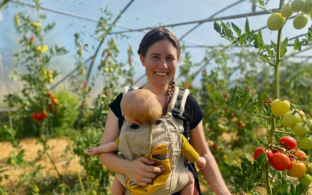 Die neun Monate alte Mathilda ist im Tragetuch dabei, als Selina Frühauf den grossen Gemüsetunnel zeigt. Im hinteren Teil wachsen Himbeeren.