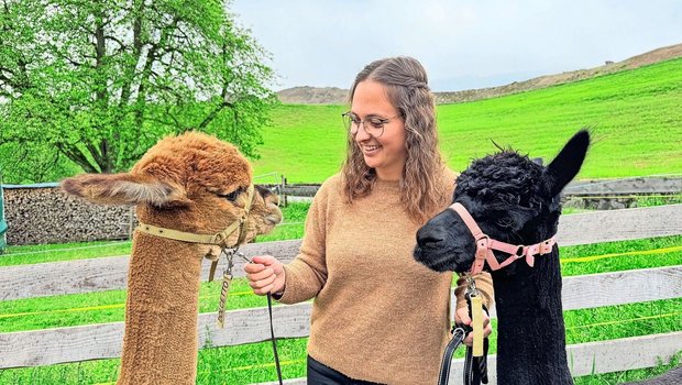 Sara Flühler und zwei ihrer Alpakahengste: Dolcetto (l.) und Blacky. Sie hat sich in den letzten neun Jahren viel Fach- und Praxiswissen rund um die Tiere angeeignet.