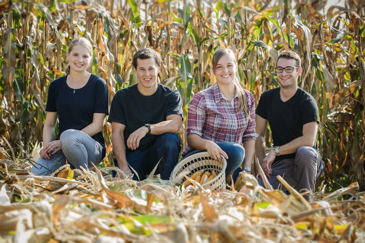 Jung und ambitioniert: Die Schweizer Popcorn-Mais-Produzenten Anja Madörin, Daniel Amgarten, Nadja Schütz und Matthias Rutishauser (v.l.). (Bilder Hepp Fotografie/Topcorn)