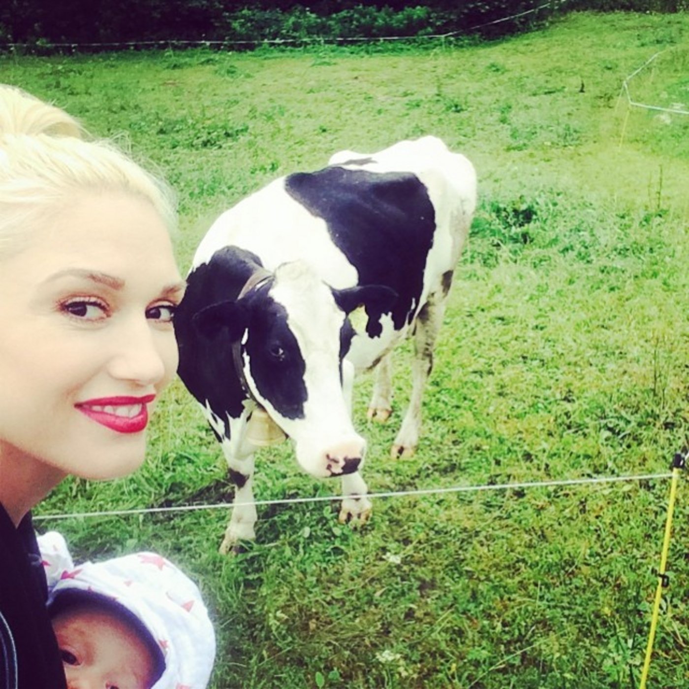 Glamouröse US-Sängerin trifft Schweizer Milchkuh: Gwen Stefani, ihr Sohn Apollo und eine unbekannte Bündner Milchkuh. (Bild: www.facebook.com/gwenstefani/)