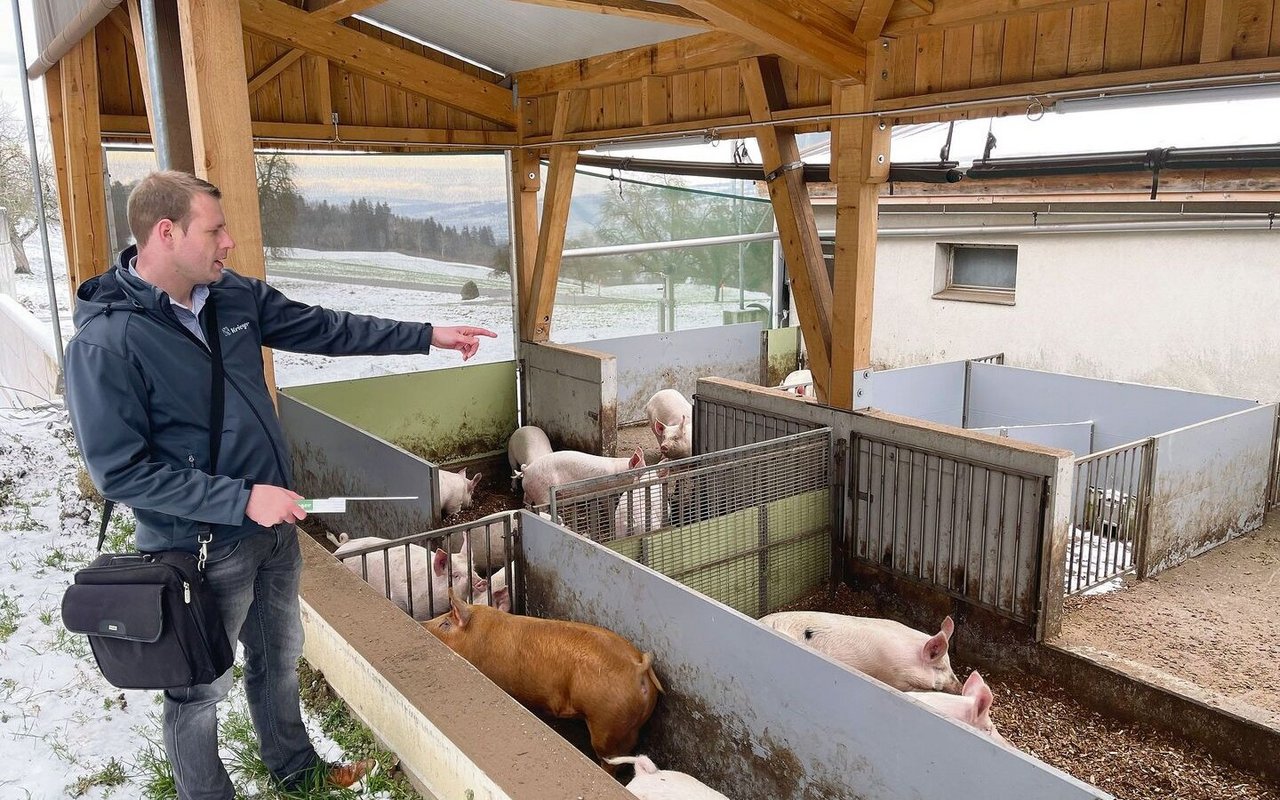 Schweinespezialist Hubert Hartmann, Planer bei Stallbauer Krieger AG, zeigt den strukturierten Auslauf.