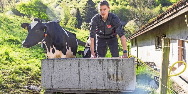 Die Milchkühe trinken aus klassischen Betontrögen, die Franz Schärli regelmässig reinigt. Das Wasser kommt aus der eigenen Quelle.