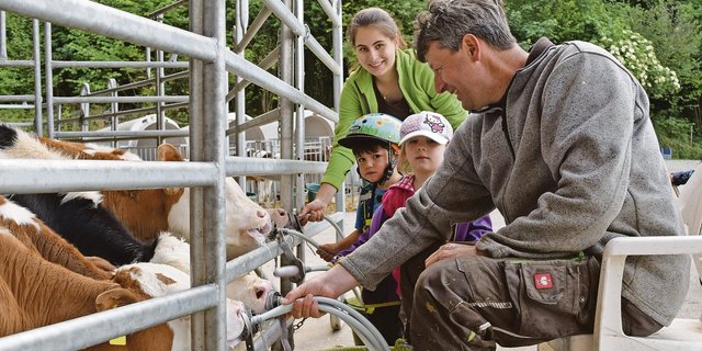 Beim Kälbertränken wird gerne mitgeholfen. Ein bisschen Hilfe müssen Rolf Thalmann und Tochter Anja aber schon leisten.