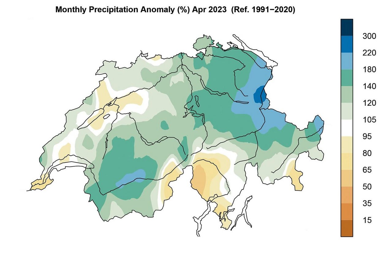 Die räumliche Verteilung der Niederschläge im vergangenen April, dargestellt in Prozent der Norm 1991 bis 2020.