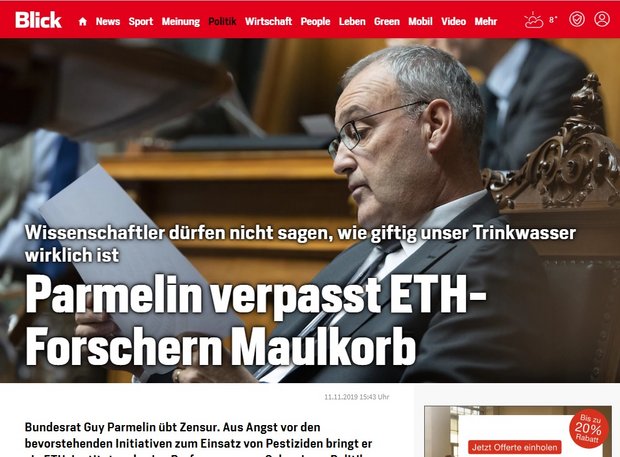 Wasser-Faktenblatt der Eawag: Parmelin wehrt sich gegen Maulkorb-Vorwürfe Der "Blick" wittert Zensur: Er wirft Guy Parmelin vor, den Forschern einen Maulkorb vorzuhängen. (Screenshot)