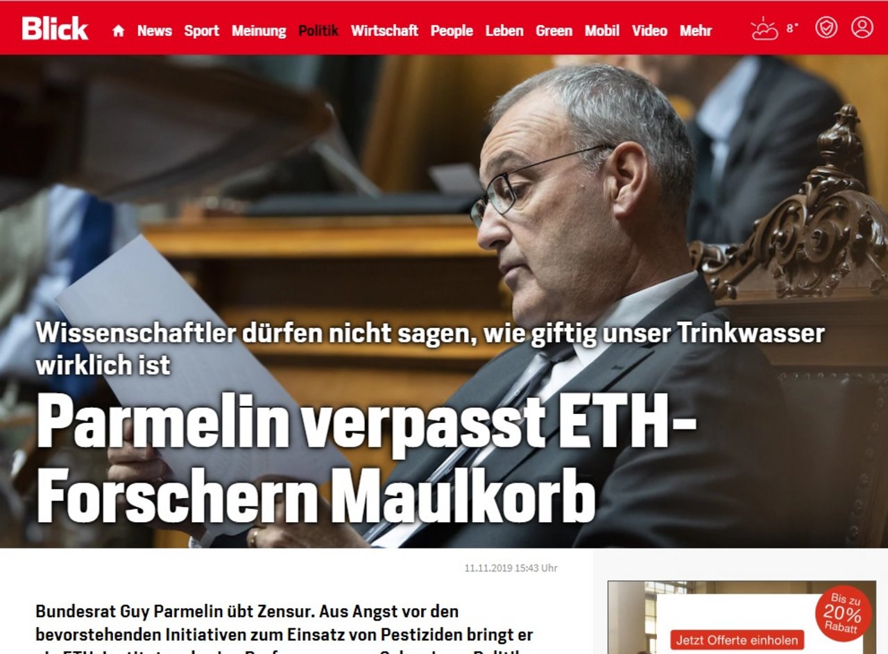 Der "Blick" wittert Zensur: Er wirft Guy Parmelin vor, den Forschern einen Maulkorb vorzuhängen. (Screenshot)