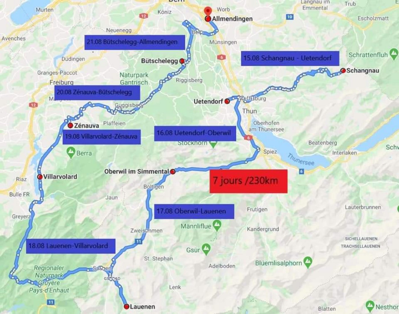 Das ist die Route mit den einzelnen Übernachtungssationen, die Christian Gebrer anfährt. (Plan Christian Gerber) 