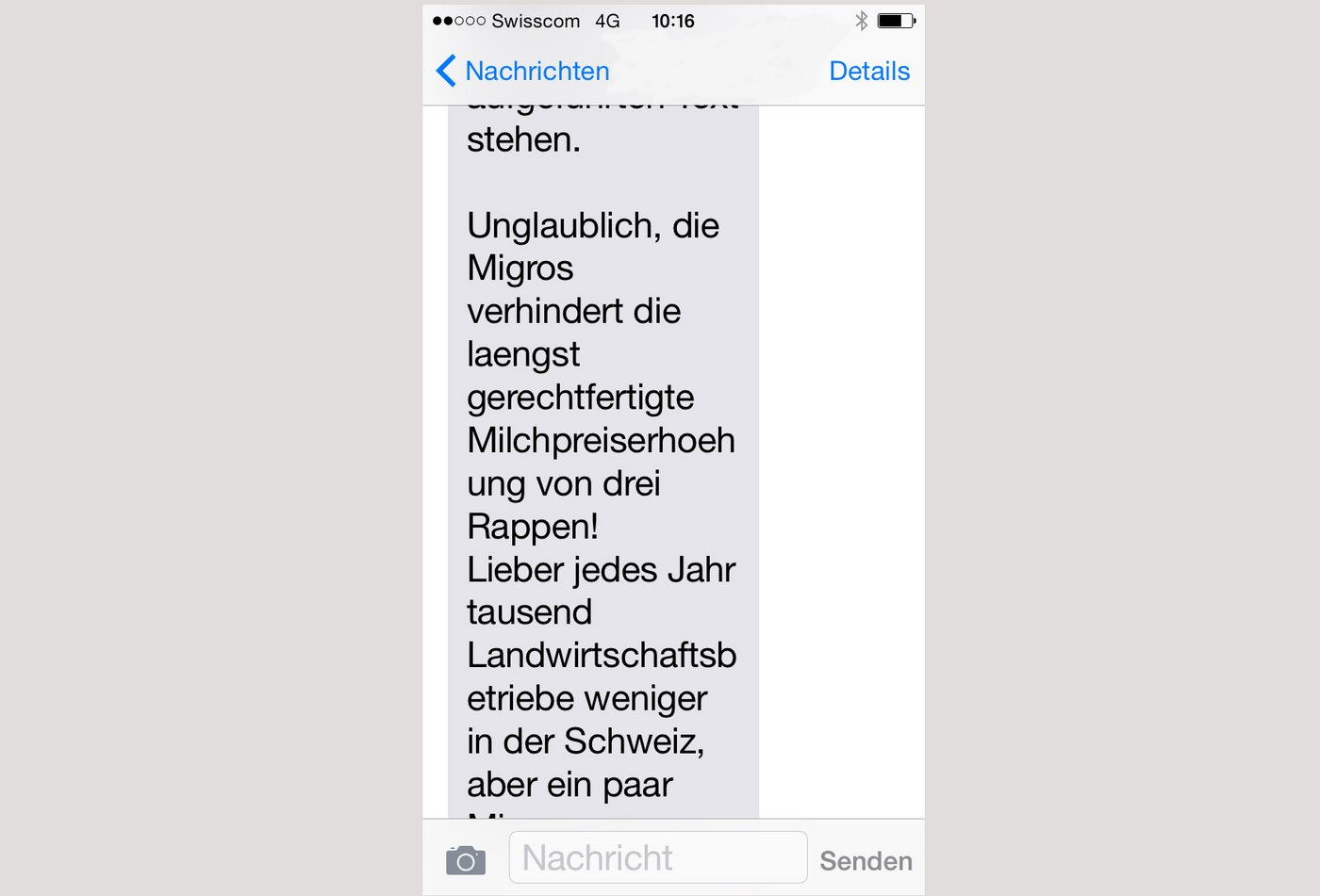 Ausschnitt aus dem seit gestern zirkulierende SMS, das die Bauernfamilien aufruft, vorläufig nicht bei Migros einzukaufen. (Screenshot)