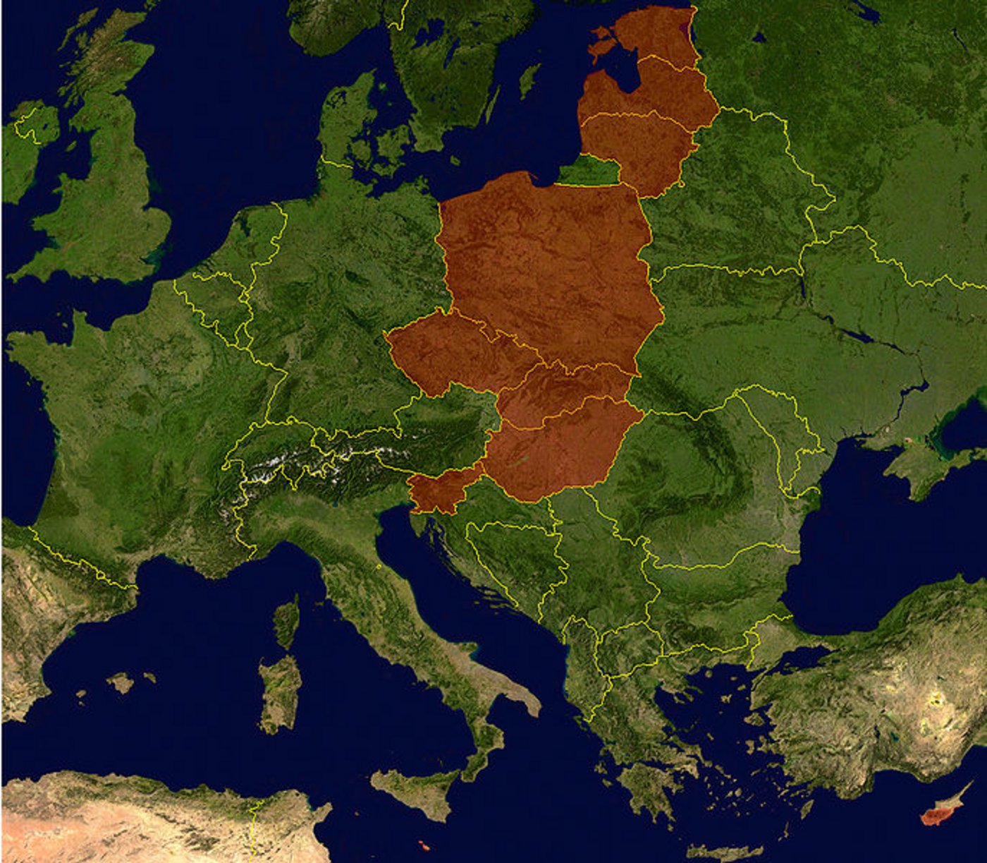 Am 1. Mai 2004 traten Estland, Lettland, Litauen, Malta, Polen, Slowakei, Slowenien, Tschechien, Ungarn und Zypern der EU bei (rot gefärbt). (Bild: Nasa World Wind/WL) 