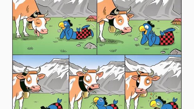 Wenn Gras gut für die Kühe ist, kann es ihm wohl auch nicht schaden, denkt Globi. (Bilder Globi Verlag)