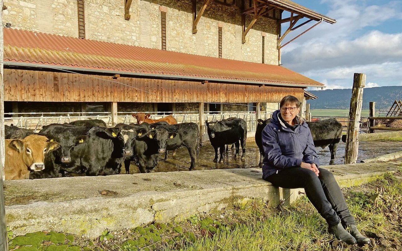 Anne Challandes mit den Rindern der Mutterkuhherde. Im Aussendienst ist sie auf dem aussichtsreichen Betrieb im Val-de-Ruz nicht mehr tätig, sie betreut aber weiterhin die Buchhaltung und die Post. 