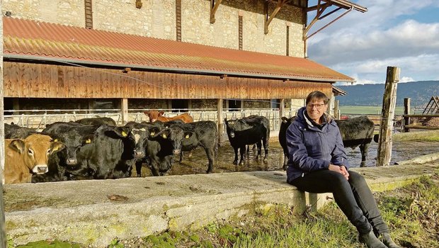 Anne Challandes mit den Rindern der Mutterkuhherde. Im Aussendienst ist sie auf dem aussichtsreichen Betrieb im Val-de-Ruz nicht mehr tätig, sie betreut aber weiterhin die Buchhaltung und die Post. 