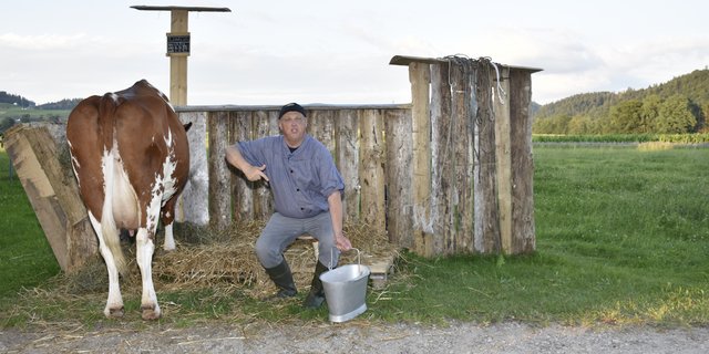 Johann Ulrich Liechti in der Rolle des Bauern Klemens Thalmann. Auf einer Wiese beim Hof hat der Landwirt zwei Freiluft-Bühnenbilder aufgebaut. Das eine zeigt einen Stall (Bild: Cornelia von Däniken)