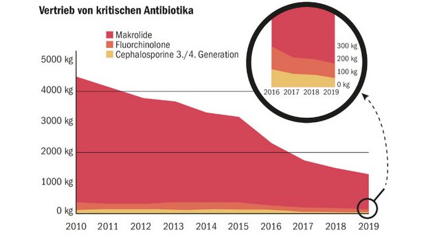 Den Antibiotika-Sündern auf den Fersen Diese Grafik zeigt, dass der Einsatz von kritischen Antibiotika in der Veterinärmedizin in den vergangenen zehn Jahren, bis 2019, deutlich abnahm. (Grafik BLV)