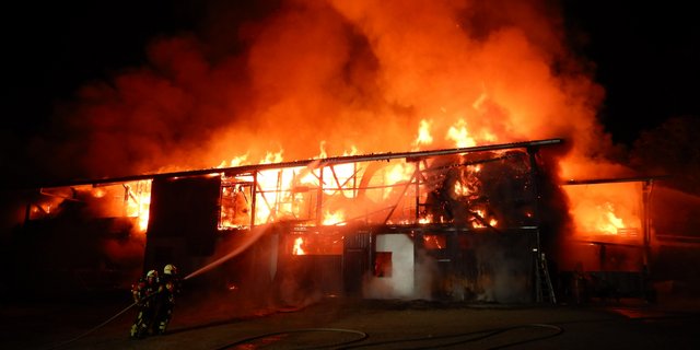 Die Feuerwehr konnte verhindern, dass das Feuer auf eine angrenzende Scheune und auf das benachbarte Wohnhaus übergriff. (Bild Kantonspolizei Thurgau)