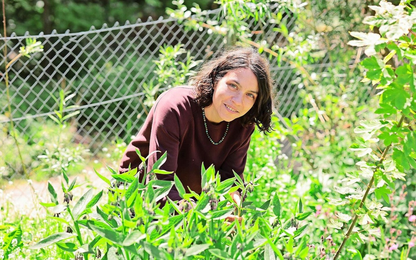 Nina Shereida hinter einem Echten Beinwell, einer Arznei- und Heilpflanze, die unter anderem bei Gelenkbeschwerden, Prellungen und Zerrungen eingesetzt werden kann.