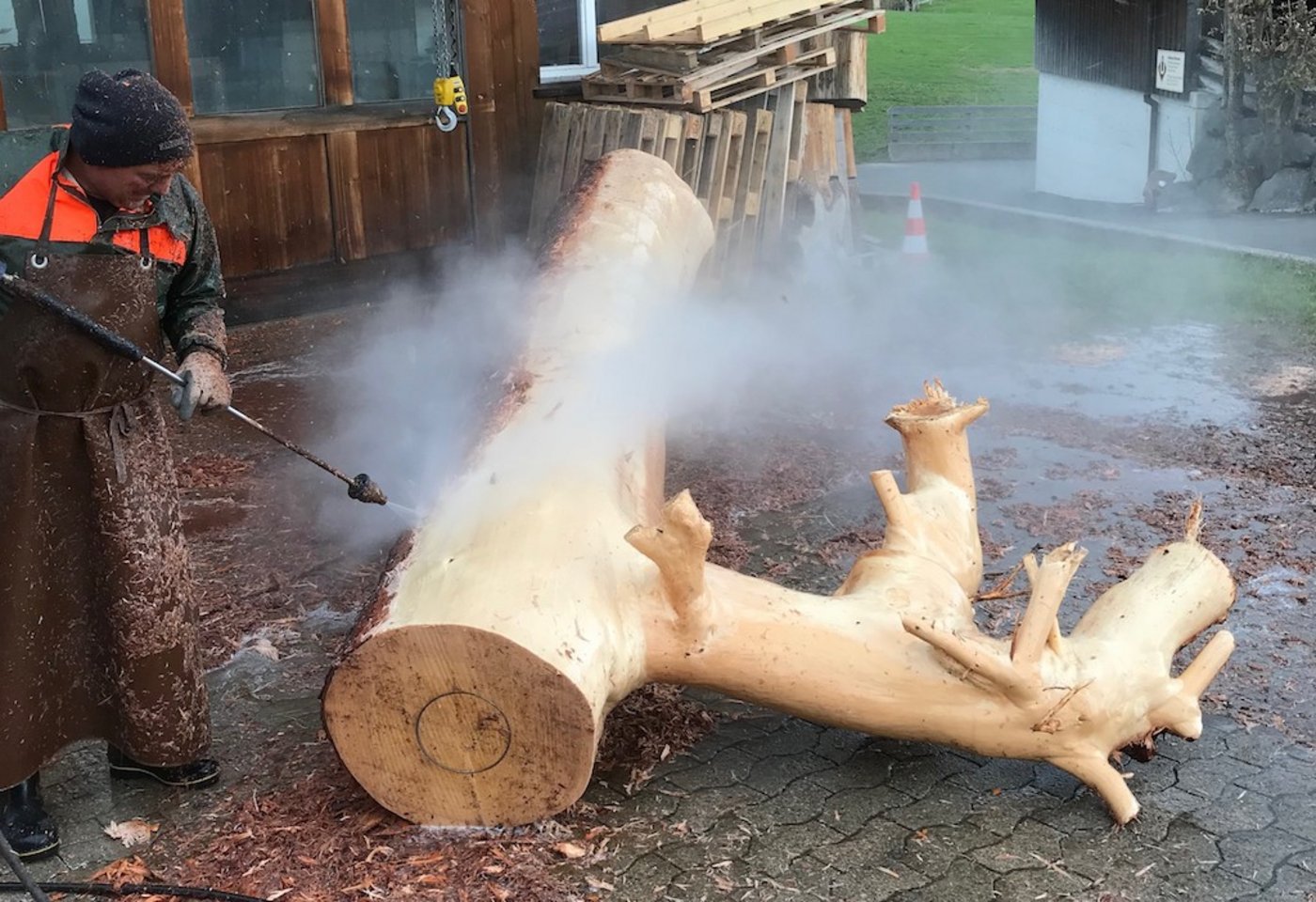 Sepp Koller ist geübt im Brunnenschälen. Die Fichte eignet sich gut für einen Brunnen. (Bild zVg)