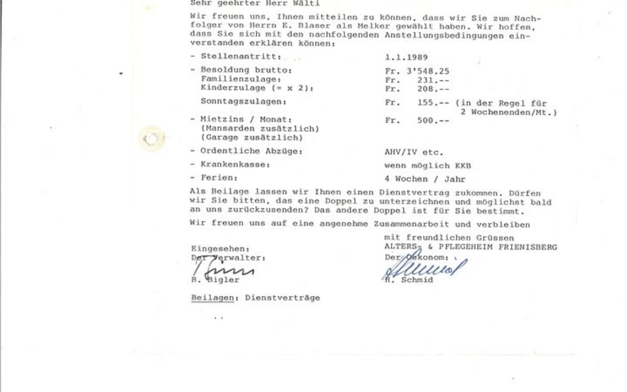 So sah der Anstellungsvertrag von Albert Wälti 1989 als Melker aus. «Es war eine andere Zeit», meint er dazu.