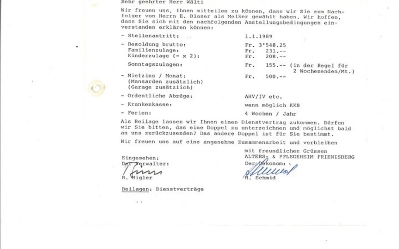 So sah der Anstellungsvertrag von Albert Wälti 1989 als Melker aus. «Es war eine andere Zeit», meint er dazu.