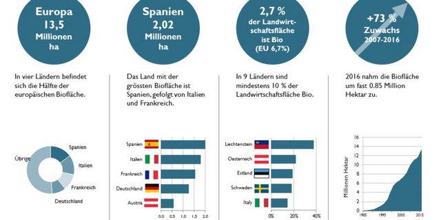 Spanien hat die grösste Biofläche in Europa. (Infografik FibL)