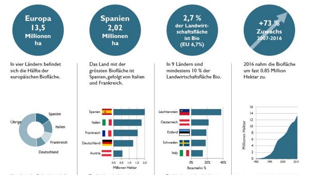 Spanien hat die grösste Biofläche in Europa. (Infografik FibL)