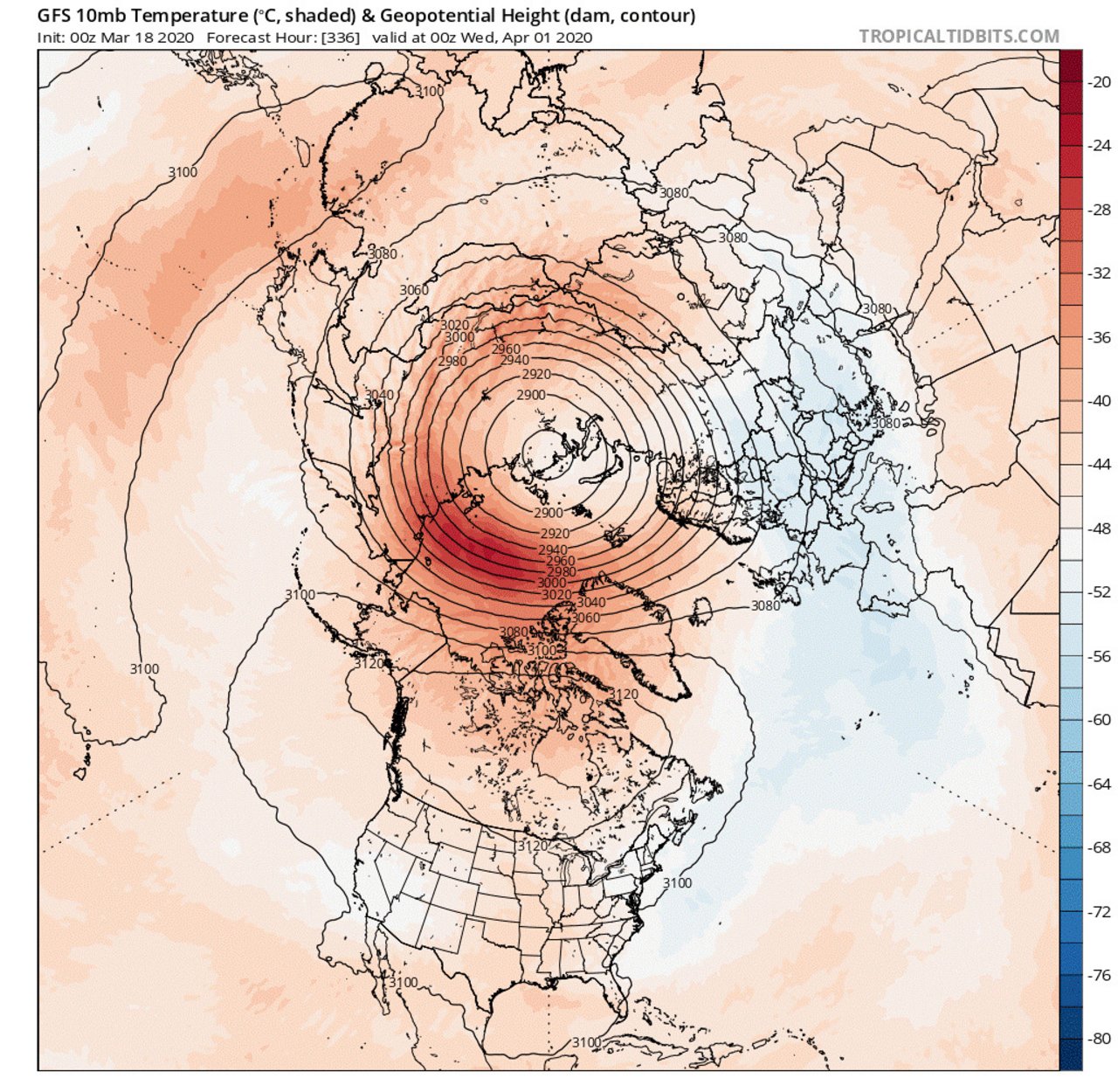 Hier die Prognose für Anfang April 2020. Der Polarwirbel ist deutlich schwächer. der Polarwirbel zusammengebrochen und die kalte Luft ist bis nach Mitteleuropa vorgedrungen. 