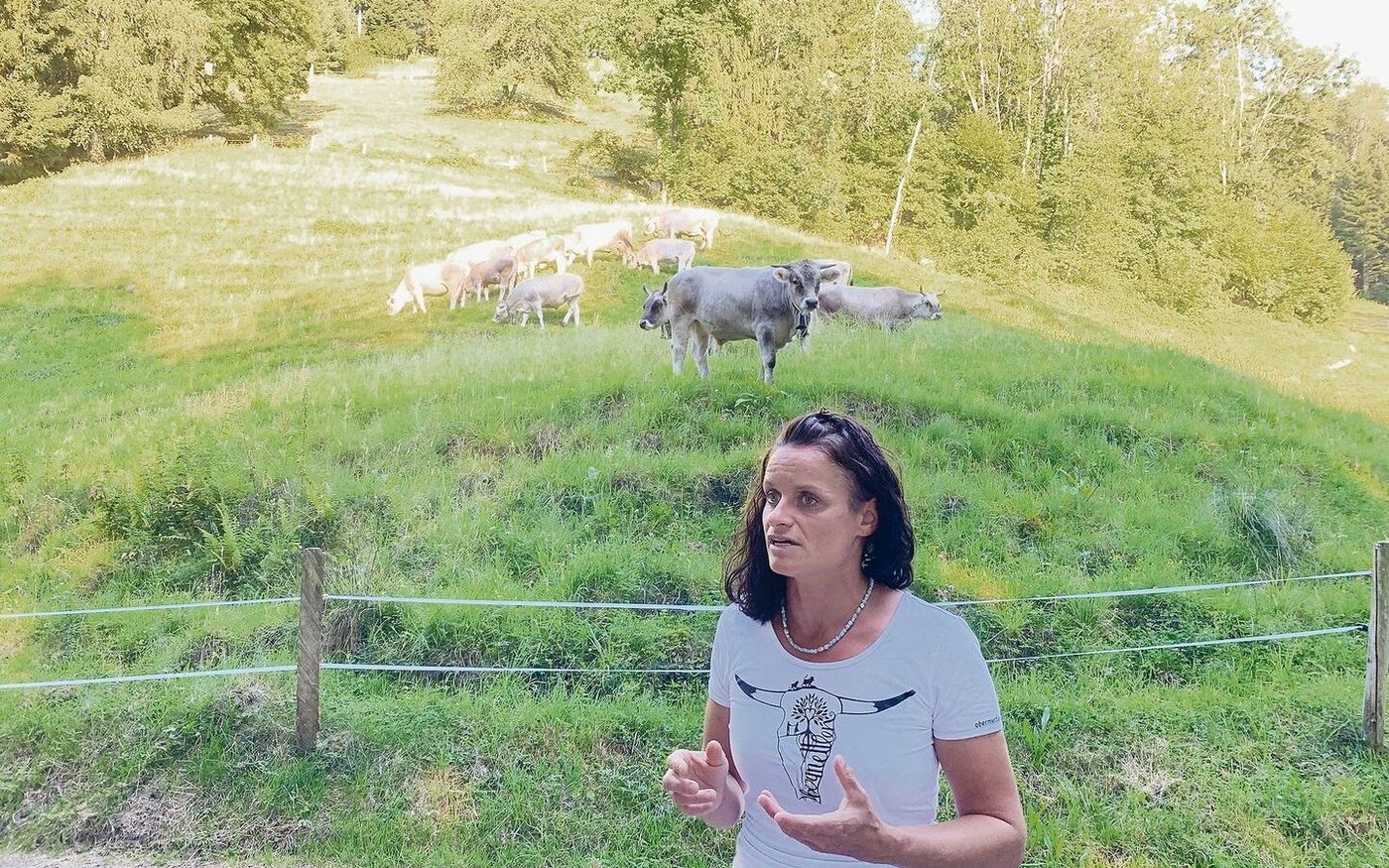 Eine engagierte Botschafterin für die Landwirtschaft: Marlen Koch-Mathis erklärt bei einer Führung die standortgerechte Landnutzung mit Grauvieh. 