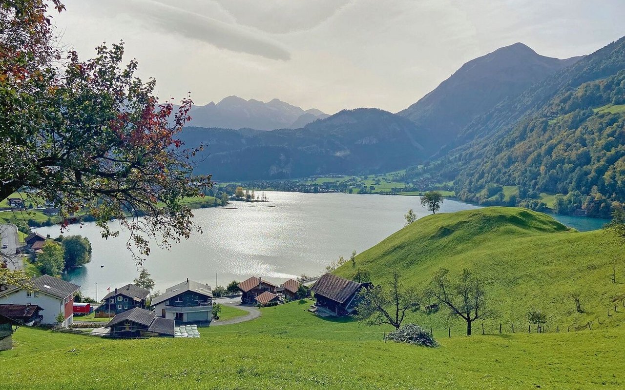 Die Aussicht auf den Lungernsee vom Bergbauernhof der Familie.