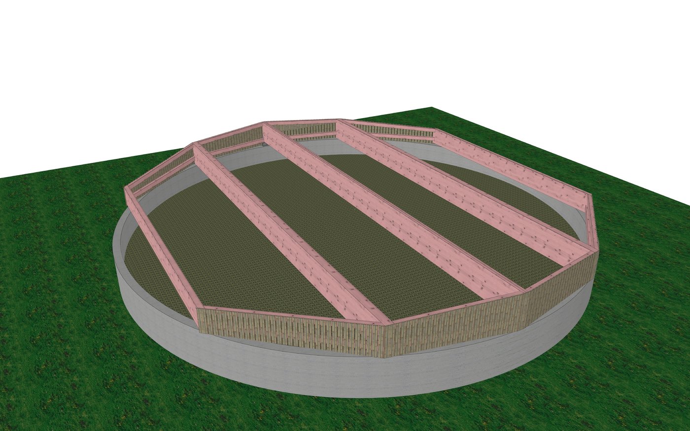 Die Konstruktion besteht aus verleimten Brettschichtholz-Bindern, die grosse Spannweiten ermöglichen. 