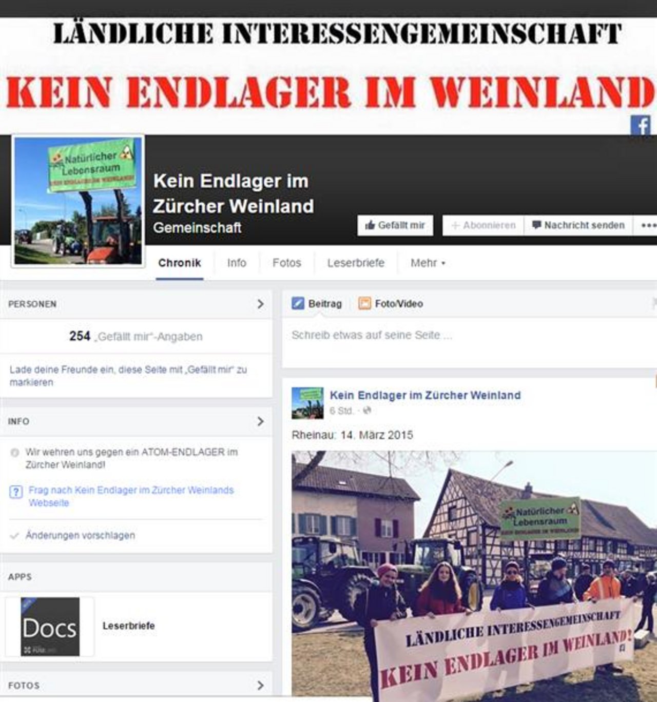 Die Skepsis gegenüber einem Endlager in der eigenen Region ist jeweils gross: So wurde zum Beispiel im Zürcher Mittelland mittels Facebook-Seite dagegen protestiert. (Bild zVg) 