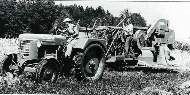 Der Bührer mit Triplex-Getriebe eignete sich gut für Arbeiten mit dem gezogenen Mähdrescher. (Bild Bührer-Buch)