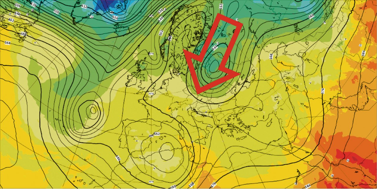 Prognose für den kommenden Samstag, 28. November: Ein Hoch über Skandinavien führt kalte Luft (dunkelgrüne und hellblaue Flächen) von Russland nach Südwesten.(Karten ECMWF)