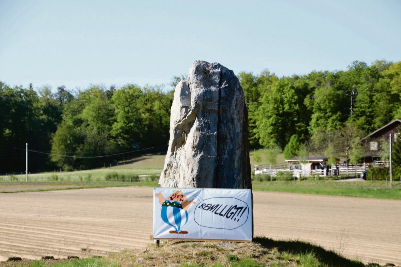 Der Hinkelstein als Mahnmal gegen ein mögliches atomares Tiefenendlager in Marthalen im Zürcher Weinland ist nun nach langem bürokratischem Hin und Her amtlich bewilligt. Das freut auch Obelix.(Bild Roland Müller)