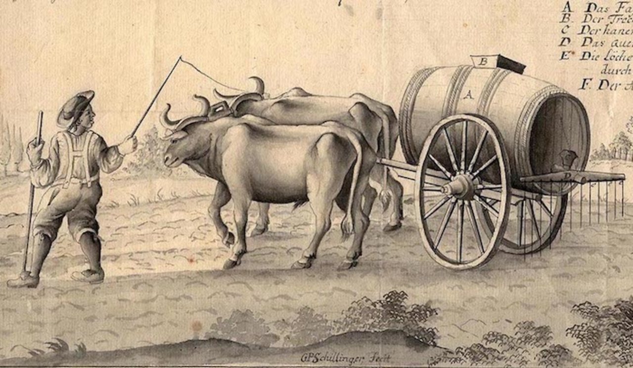 Güllewagen: Darstellungen aus dem 18. Jahrhundert zeigen Ochsen die Güllenfässer aus Holz ziehen. (Bild Wikimedia)