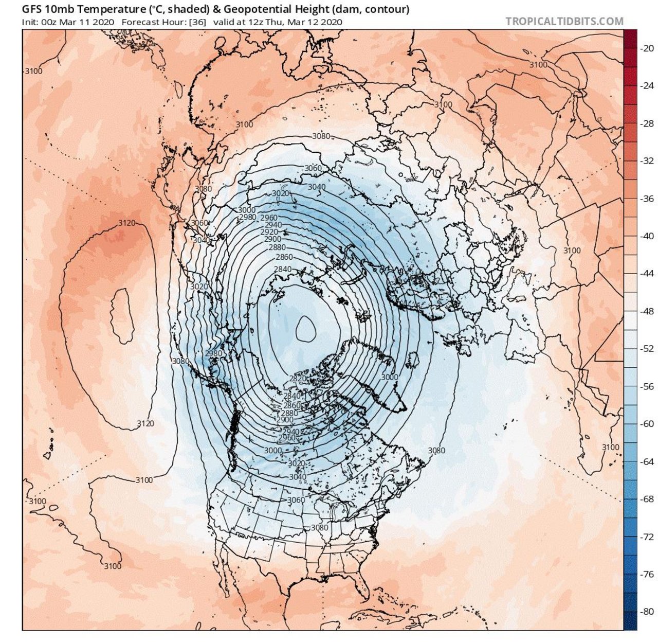 Druck- und Temperaturverteilung über dem Polarkreis in rund 30 km Höhe. Hier die Situation Anfang März 2020: Viele, eng gescharte schwarze Linien deuten einen kräftigen Polarwirbel an. . Der kräftige Polarwirbel hält die kalte Luft (blau) in den nördlichen Breiten gefangen. 