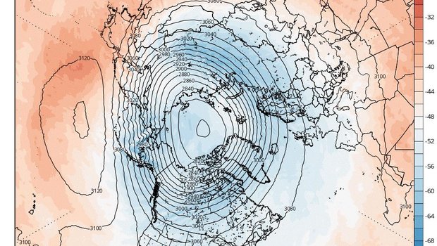 Druck- und Temperaturverteilung über dem Polarkreis in rund 30 km Höhe. Hier die Situation Anfang März 2020: Viele, eng gescharte schwarze Linien deuten einen kräftigen Polarwirbel an. . Der kräftige Polarwirbel hält die kalte Luft (blau) in den nördlichen Breiten gefangen. 