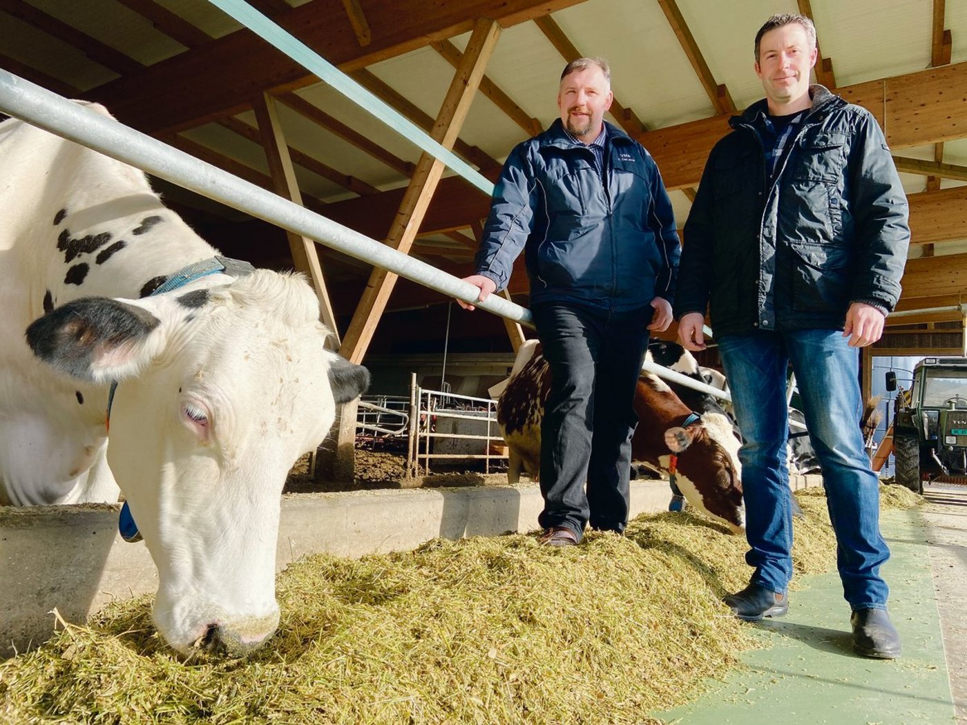 IGBU-Präsident Samuel Guggisberg (r.) und Vorstandsmitglied Andreas Bürki auf dessen Betrieb in Richigen BE. Hier wäre auch die langlebige Kuh Delphine von den hängigen Initiativen betroffen.(Bild akr)