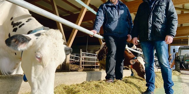IGBU-Präsident Samuel Guggisberg (r.) und Vorstandsmitglied Andreas Bürki auf dessen Betrieb in Richigen BE. Hier wäre auch die langlebige Kuh Delphine von den hängigen Initiativen betroffen.(Bild akr)
