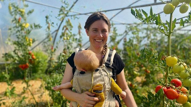 Die neun Monate alte Mathilda ist im Tragetuch dabei, als Selina Frühauf den grossen Gemüsetunnel zeigt. Im hinteren Teil wachsen Himbeeren.