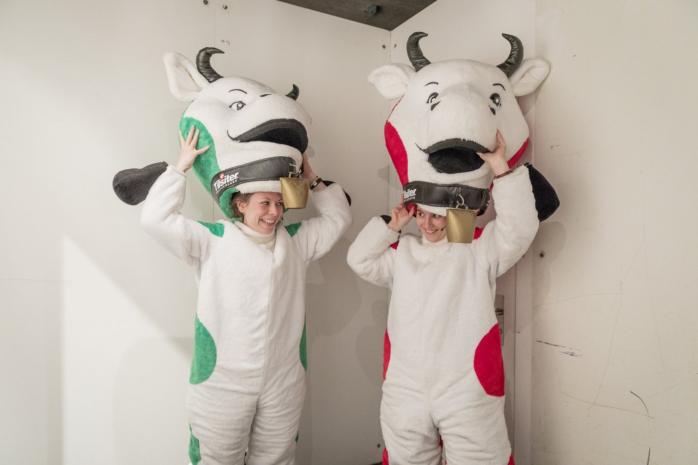 Nicole und Sara – zwei junge Frauen verkörperten die Tilsiter-Kühe und führten durchs Jubiläumsprogramm «125 Jahre Schweizer Tilsiter». (Bild: Daniel Ammann)