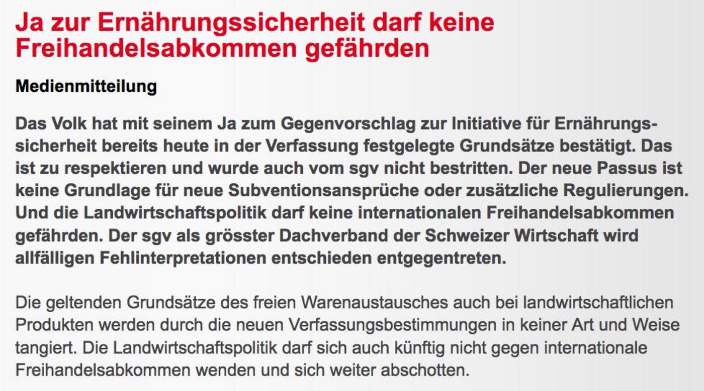 Der Gewerbeverband - einer der wenigen Gegner - fürchtet in seinem Communiqé um neue Freihandelsabkommen. (Bild Screenshot sgv-usam.ch)
