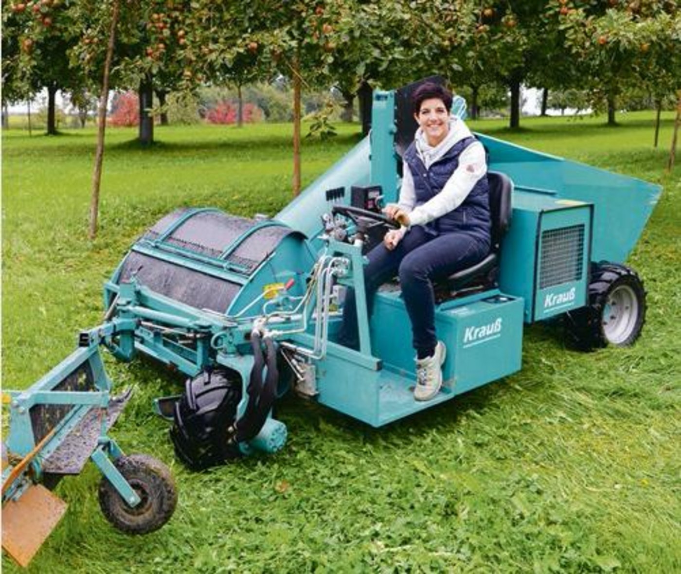 Gekonnt manövriert Nicole Schmid die Apfelauflesemaschine durch die Hochstammbäume. Nebst einem Flair für Landtechnik hat die Bäuerin aber auch ein Auge für den Gesundheitszustand ihrer Kühe. (Bild Isabelle Schwander) 
