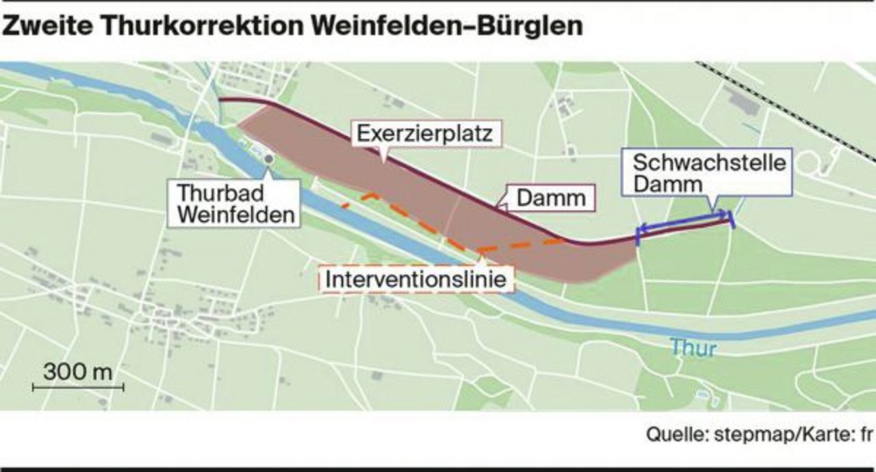 Der grösste Streitpunkt beim Hochwasserschutz zwischen Bürglen und Weinfelden ist der Exerzierplatz: 20 Hektaren Ackerland sollen in Ökoflächen umgewandelt werden.(Bild stepmap/Karte fr)