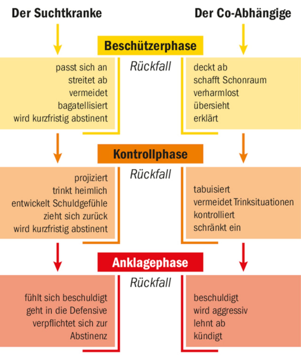 Abhängigkeit und Co-Abhängigkeit verlaufen in Phasen, immer wieder gezeichnet von Rückfällen.