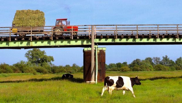 Ein Traktor fährt mit einer Ladung Heu über eine Brücke.