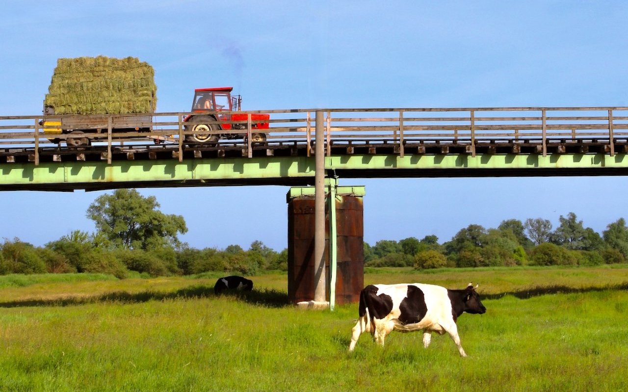 Ein Traktor fährt mit einer Ladung Heu über eine Brücke.
