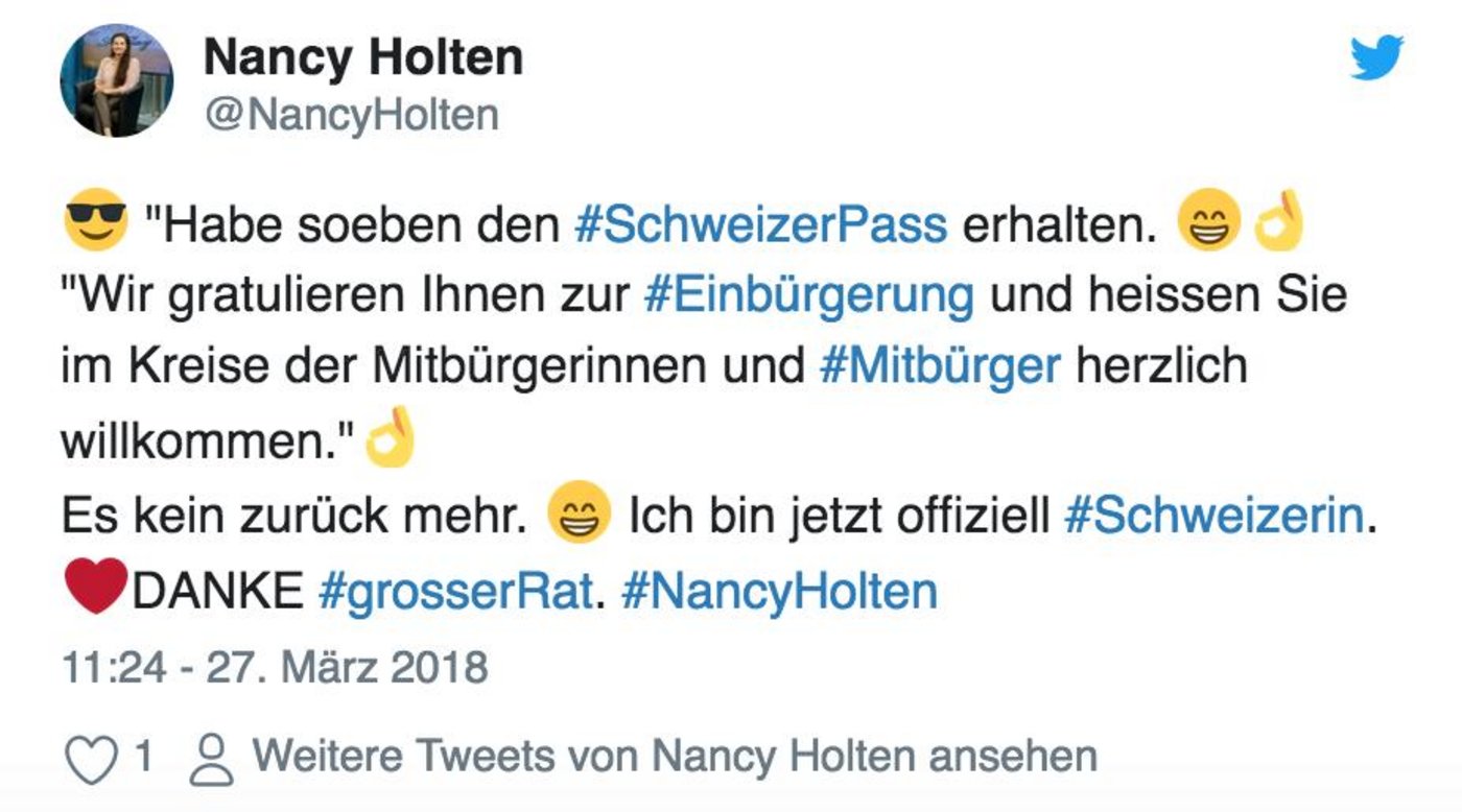 So freut sich die bekannte Kuhglockengegnerin Nancy Holten auf Twitter über ihre Einbürgerung. (Bild Screenshot Twitter)