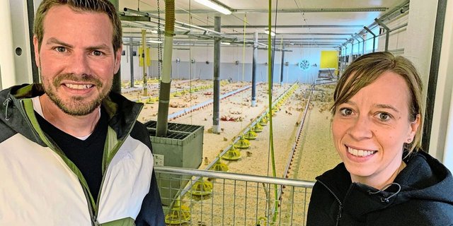 Stephanie und Daniel Sidler mit den Mastpoulets im umgebauten Milchviehstall. Die Hühner sind hier rund eine Woche alt.
