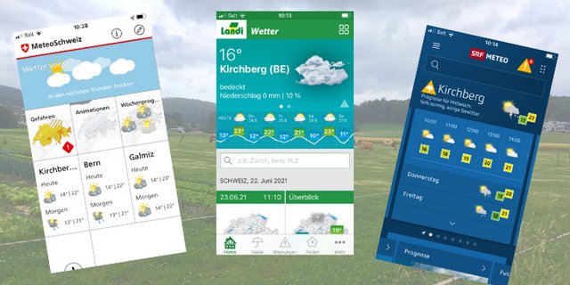 Verschiedene Wetterapps nutzen einen Berg von Daten und eigene Berechnungen für ihre Prognosen. Ausserdem unterscheiden sie sich stark darin, wie sie Informationen darstellen. (Bilder jsc)