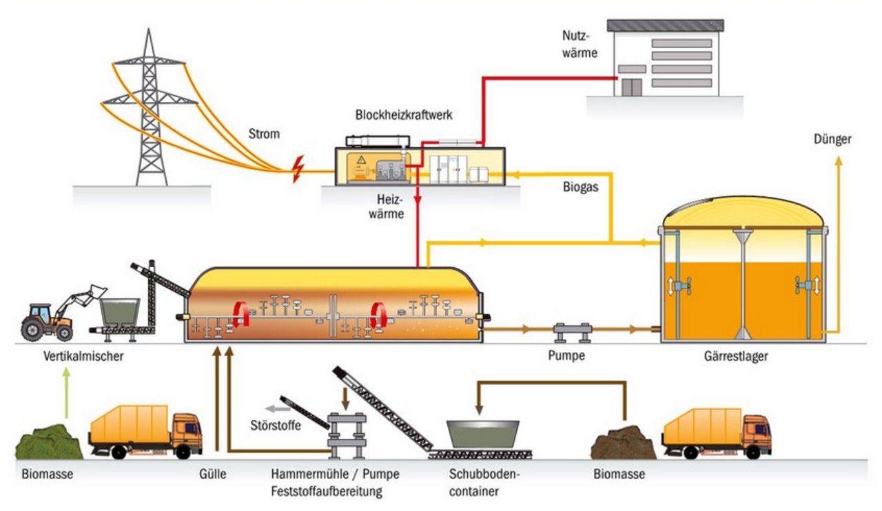 Die Biomasse durchläuft eine Vielzahl von Stationen, bis daraus Energie entstehen kann. (Grafik Bebag/BauZ)